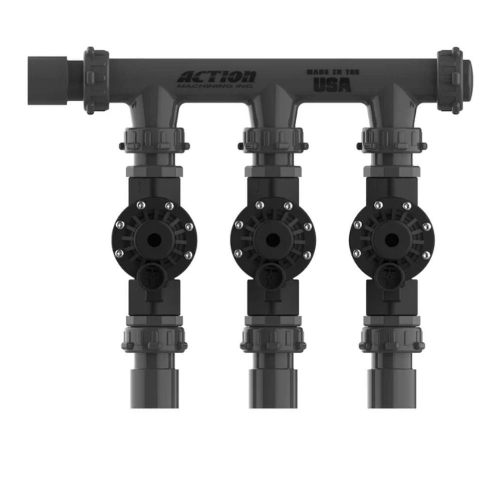 Action Machining 1in Quad Manifold, O-Ring Sealed, Schedule 80 PVC, Buttress Thread, Fully Unionized, Max Working Pressure 235 PSI - 18004