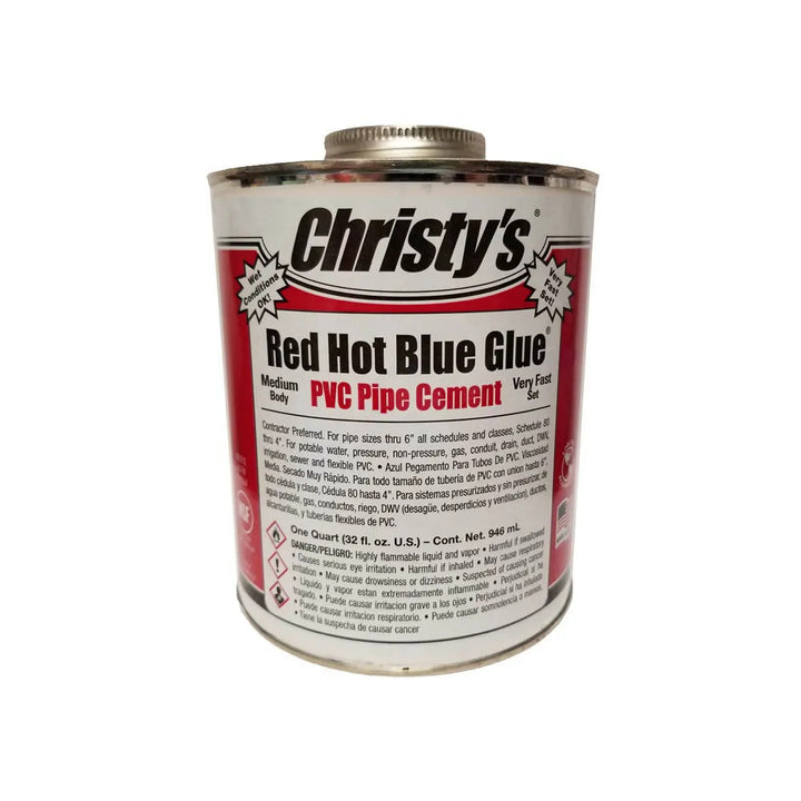 Christy's Red Hot Blue Glue PVC Pipe Cement, Medium Body, Fast Set, Quart, RH-RHBG-QT-12