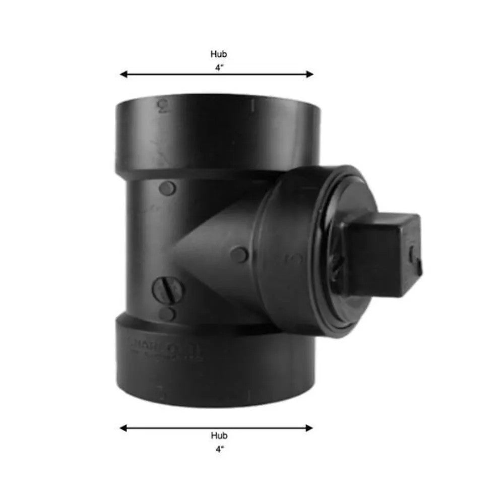 4in ABS DWV Cleanout Tee with Threaded Plug and O-Ring, Hub x Hub x Female National Pipe Thread (FPT)