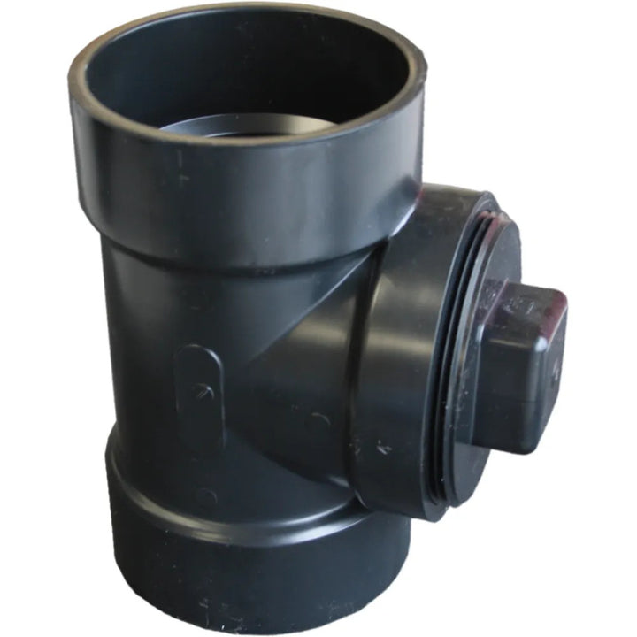 4in ABS DWV Cleanout Tee with Threaded Plug and O-Ring, Hub x Hub x Female National Pipe Thread (FPT)