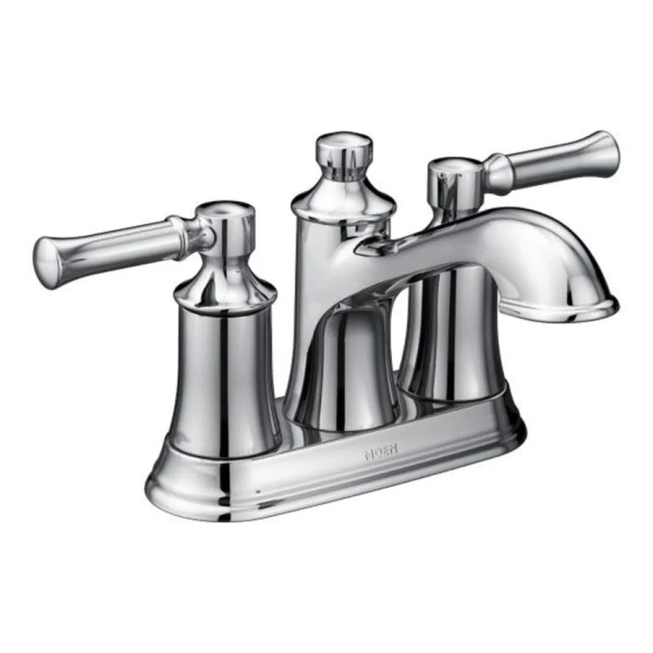 Moen Dartmoor Two-Handle Centerset Chrome Bathroom Faucet with Metal Pop-Up Drain, 1.2 GPM, Lever Handles, WaterSense, ADA, Bulk - 66802