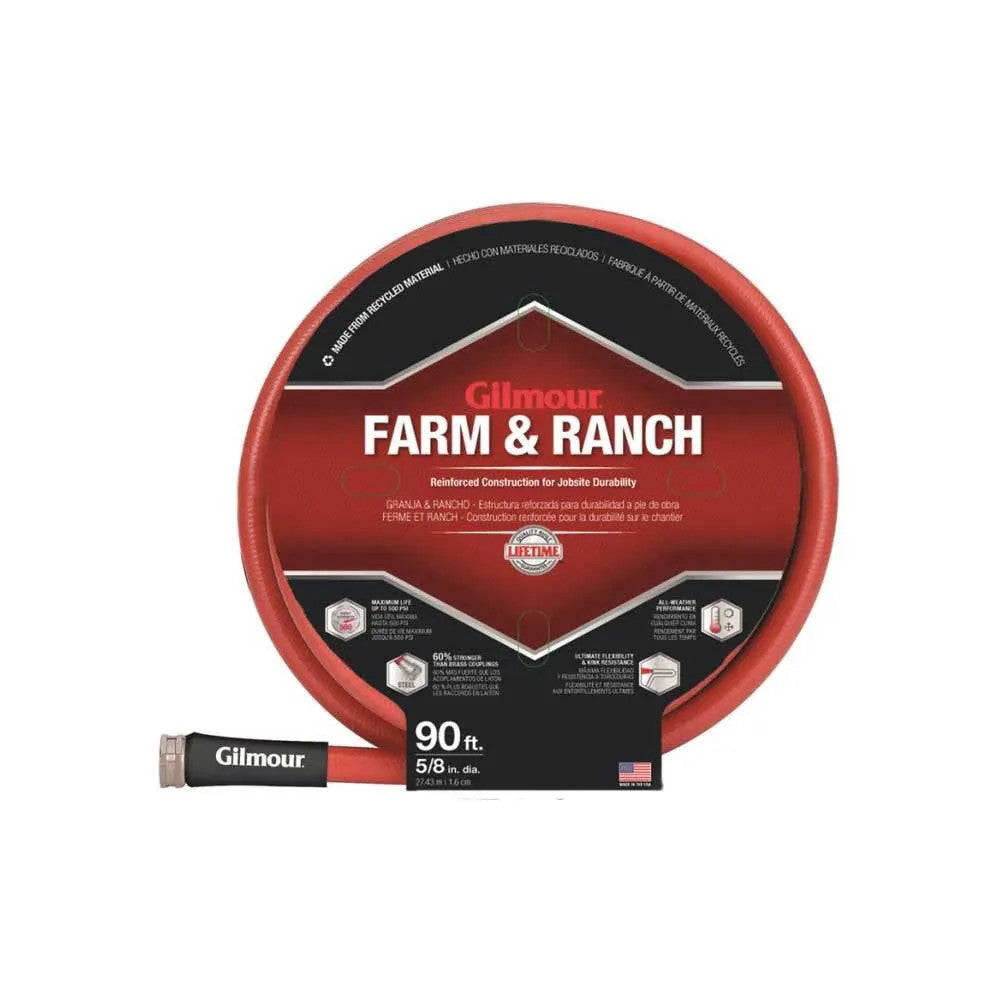 Gilmour Commercial Farm/Ranch Hose, 5/8" Inside Diameter, 90ft, Double Reinforced, Kink-Resistant, Rubber, Rugged Red - 29-58090