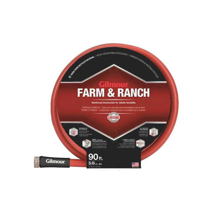 Gilmour Commercial Farm/Ranch Hose, 5/8" Inside Diameter, 90ft, Double Reinforced, Kink-Resistant, Rubber, Rugged Red - 29-58090