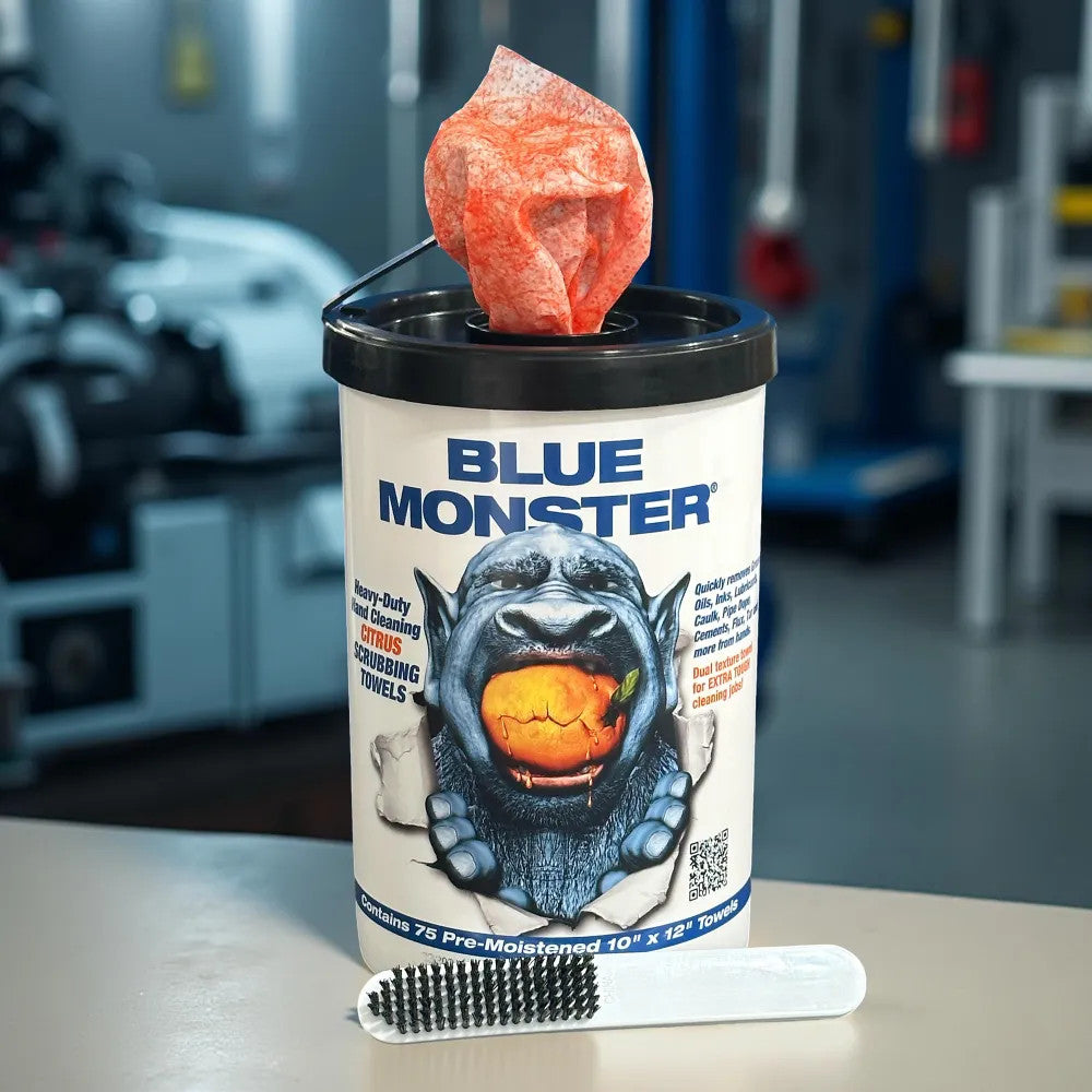 Millrose 77095 Blue Monster Hand Wipes - Citrus Scrubbing Towels w/ Brush