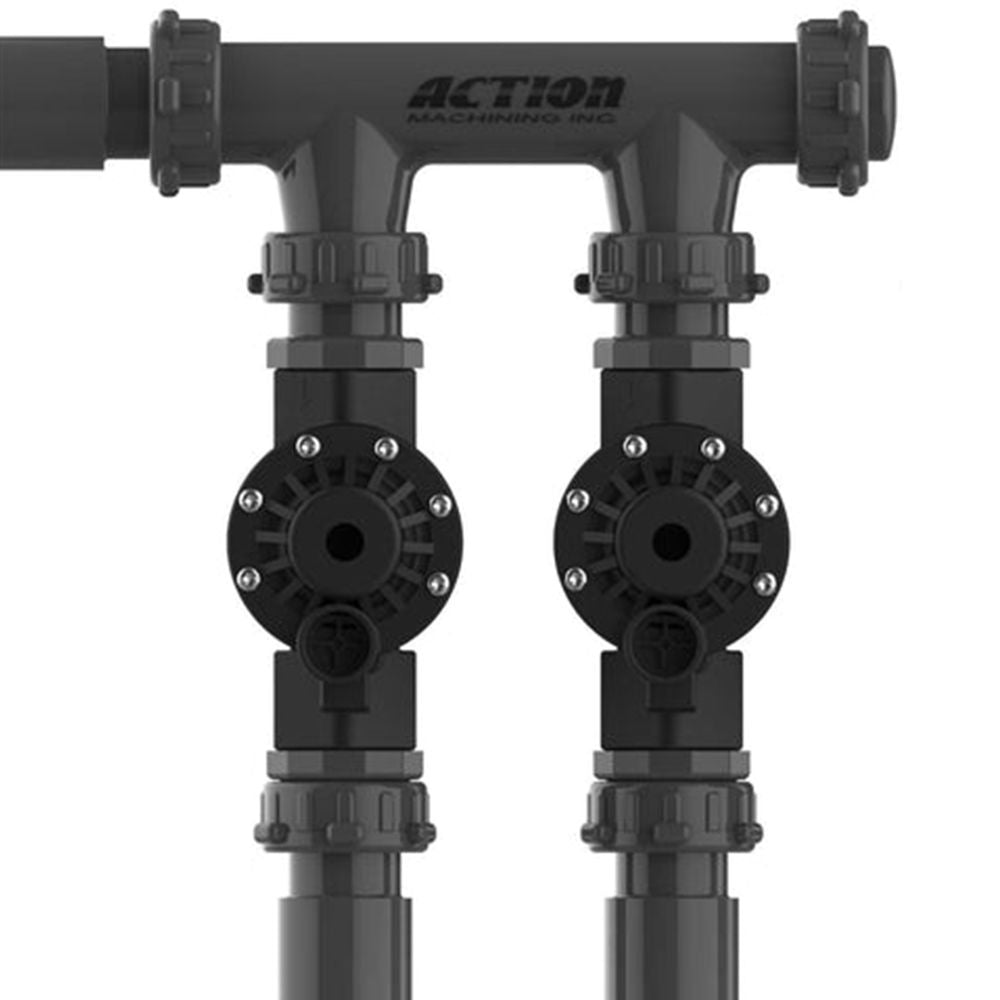 Action Machining 1in Double Manifold for Two Valve Irrigation System, Schedule 80 PVC, O-Ring Sealed, Fully Unionized, Buttress Thread - 18002