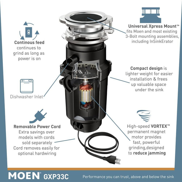 MOEN GT33C 1/3 HP GARBAGE DISPOSAL WITH CORD