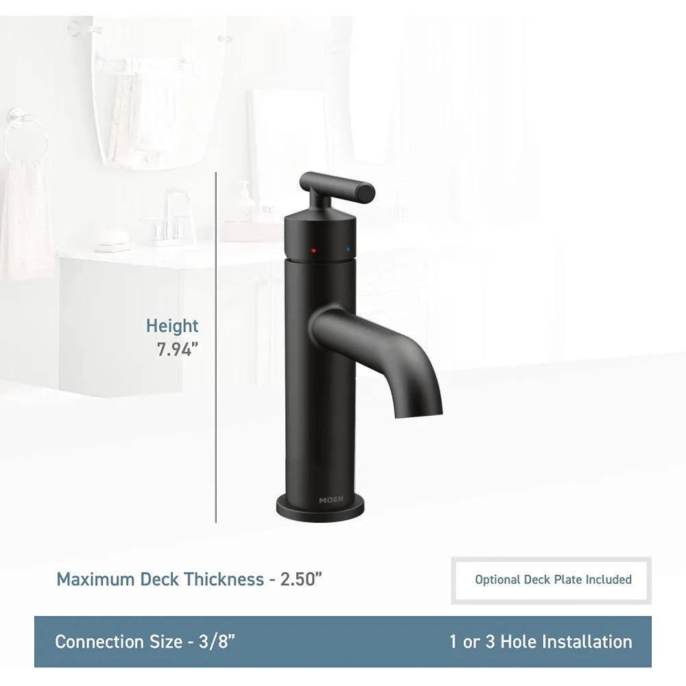 Moen Gibson Single-Handle Matte Black Lavatory Faucet with Metal Pop-Up and Escutcheon, Lever Handle with Red/Blue Indicators, 1.2 GPM, Single-Hole - 6145BL