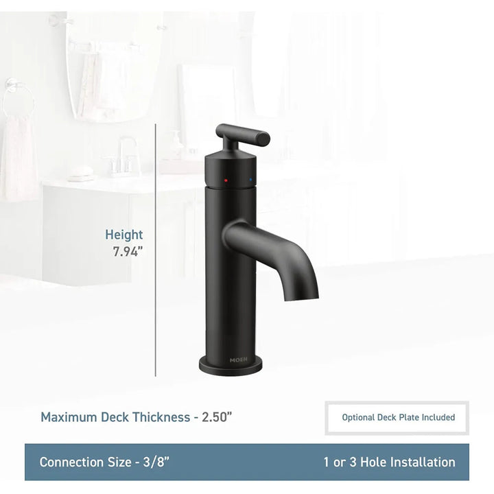 Moen Gibson Single-Handle Matte Black Lavatory Faucet with Metal Pop-Up and Escutcheon, Lever Handle with Red/Blue Indicators, 1.2 GPM, Single-Hole - 6145BL
