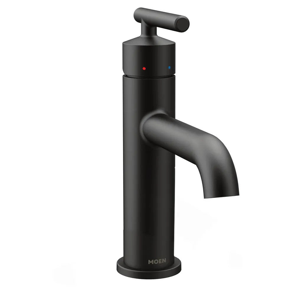 Moen Gibson Single-Handle Matte Black Lavatory Faucet with Metal Pop-Up and Escutcheon, Lever Handle with Red/Blue Indicators, 1.2 GPM, Single-Hole - 6145BL