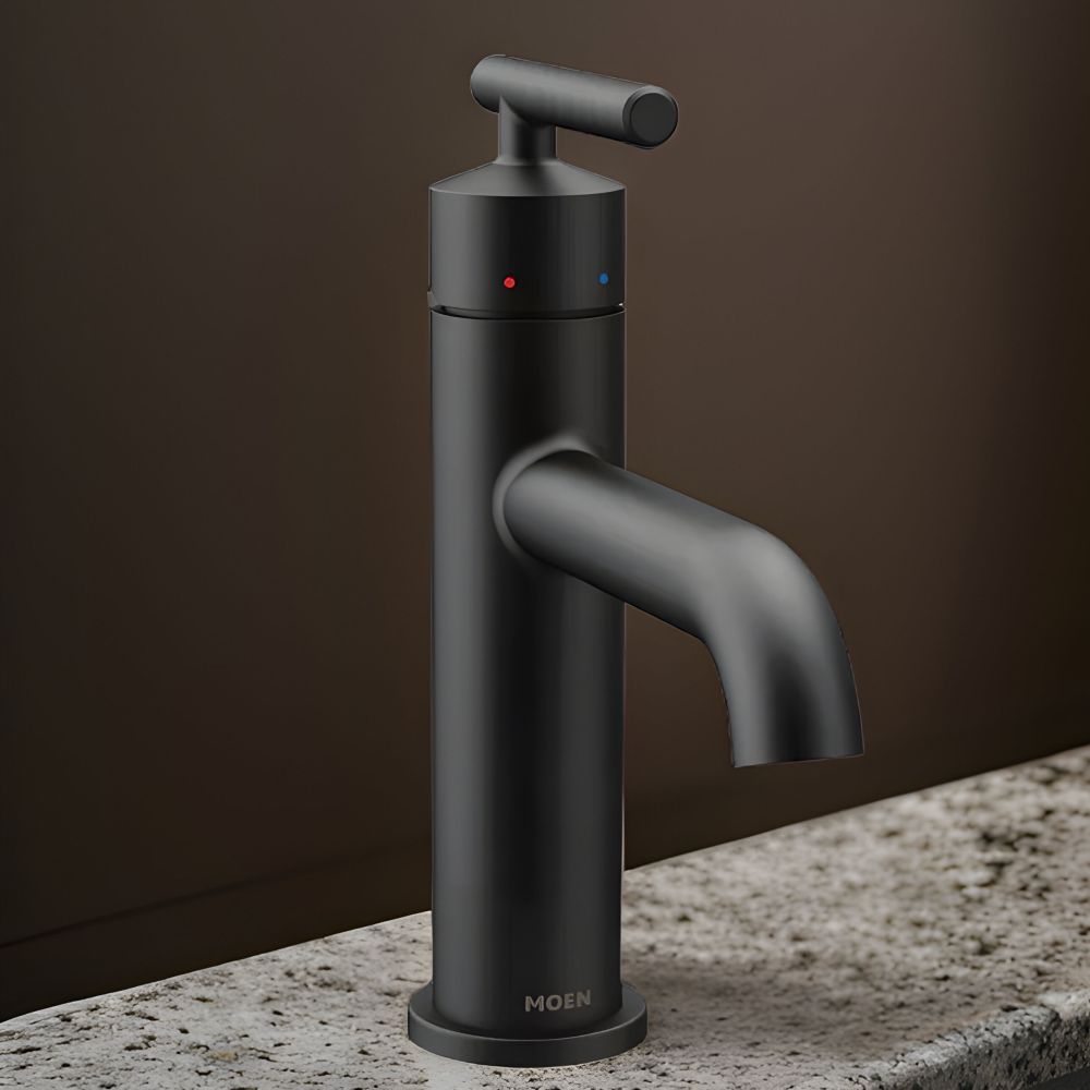 Moen Gibson Single-Handle Matte Black Lavatory Faucet with Metal Pop-Up and Escutcheon, Lever Handle with Red/Blue Indicators, 1.2 GPM, Single-Hole - 6145BL