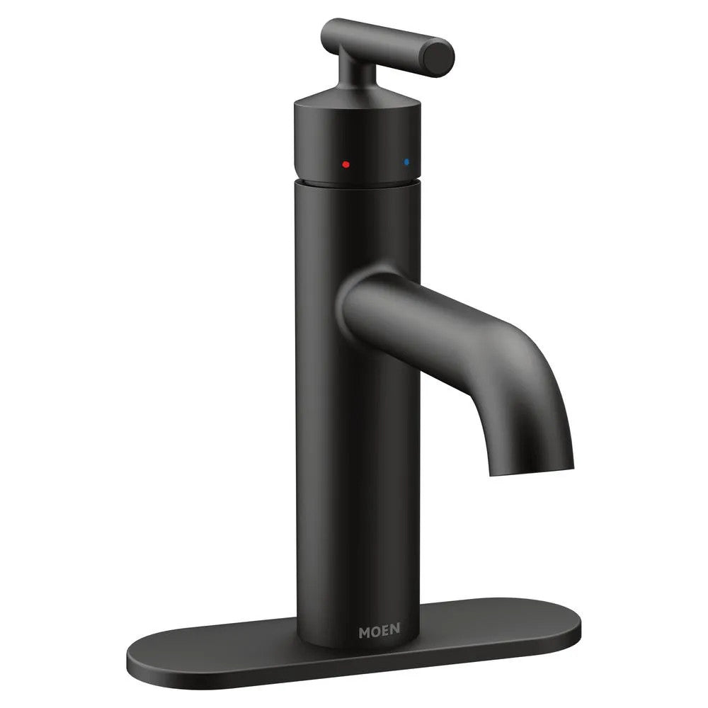 Moen Gibson Single-Handle Matte Black Lavatory Faucet with Metal Pop-Up and Escutcheon, Lever Handle with Red/Blue Indicators, 1.2 GPM, Single-Hole - 6145BL