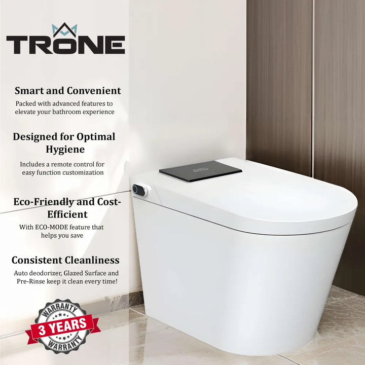 Trone Smart Bidet Toilet Combo with Toe Touch Sensor, Auto-Open/Close, Digital Display, Heated Seat, Night Light, Auto-Flush, 1.28 GPF, Classic White - STCM1.WH
