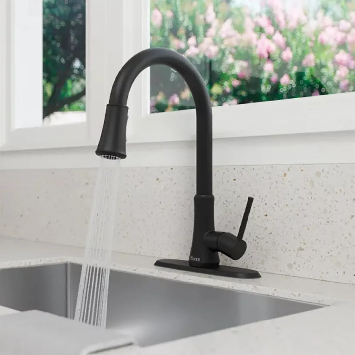 Pfister Pfirst Single-Handle Pull-Down Kitchen Faucet, 1.8 GPM, Pfast Connect, Pforever Seal, Matte Black - G529-PF2B