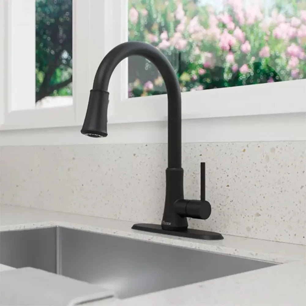 Pfister Pfirst Single-Handle Pull-Down Kitchen Faucet, 1.8 GPM, Pfast Connect, Pforever Seal, Matte Black - G529-PF2B